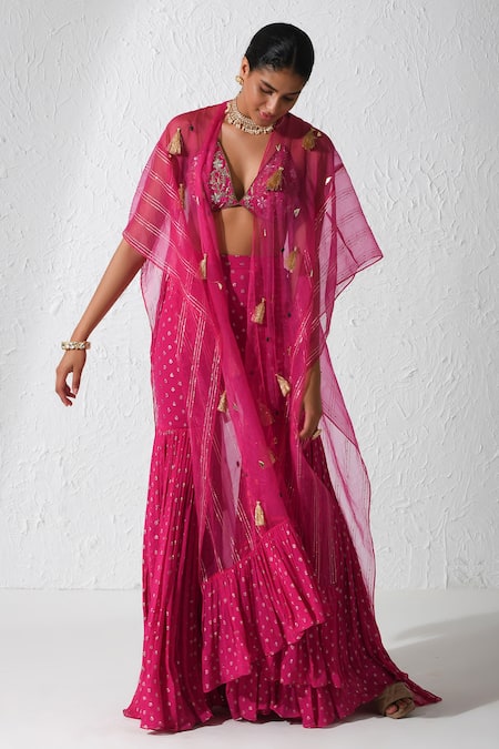 Rishi and Vibhuti Pink Georgette Embroidered Zardozi Frosting Tassel Detail Cape And Flared Pant Set 