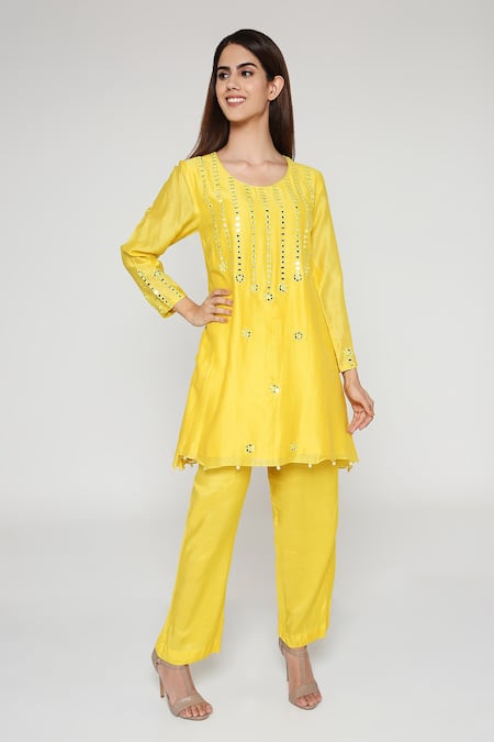 Bha Sha Yellow Chanderi, Satin Mirrors Round Neck Embroidered Kurta Set 