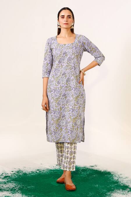 Buy Pheeta Purple Cotton Printed Flower Round Long Kurta And Pant Set at Aza Fashions Buy_Pheeta_Purple Cotton Printed Flower Round Long Kurta And Pant Set_at_Aza_Fashions