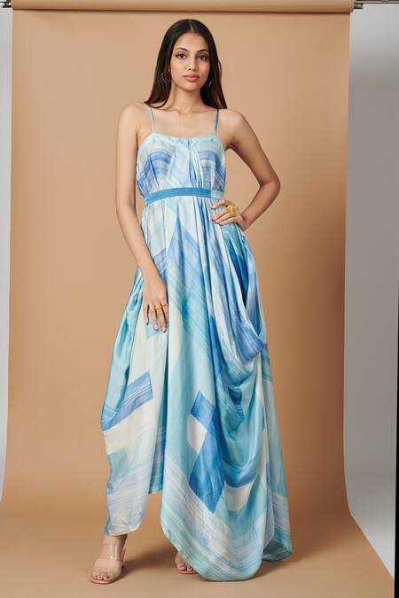 Buy Vedika M Blue Satin Abstract Pattern Square Neck Print Strappy Draped Dress at Aza Fashions Buy_Vedika M_Blue Satin Abstract Pattern Square Neck Print Strappy Draped Dress_at_Aza_Fashions