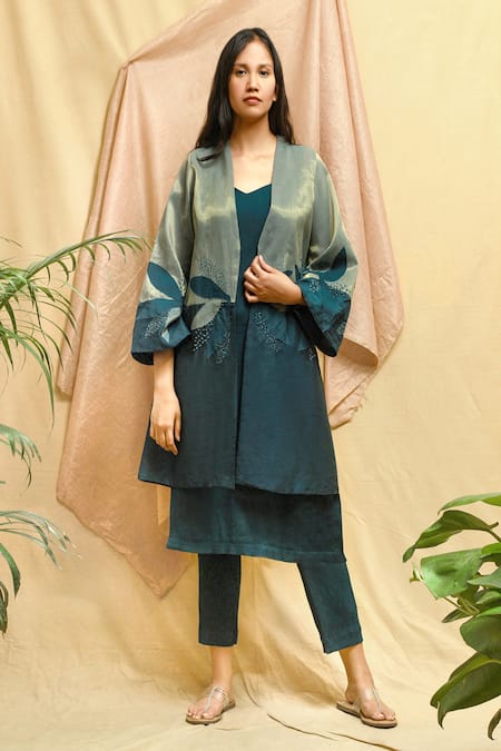 Chambray & CO. Green Chanderi, Tissue, Silk Embroidery V-neck Applique Jacket Set