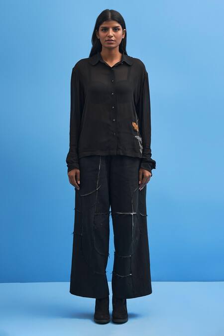 Buy_Siddhant Agrawal_Black Cotton, Georgette Embroidery Collared Sutairu Placement Shirt _Online_at_Aza_Fashions