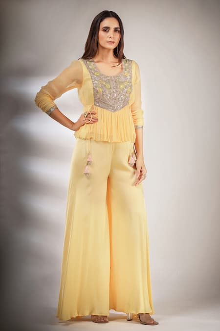 Buy Pallavi Jaipur Yellow Lining Shantoon, Pant Satin Blend, Bodice Embroidered And Flared Set at Aza Fashions Buy_Pallavi Jaipur_Yellow Lining Shantoon, Pant Satin Blend, Bodice Embroidered And Flared Set _at_Aza_Fashions