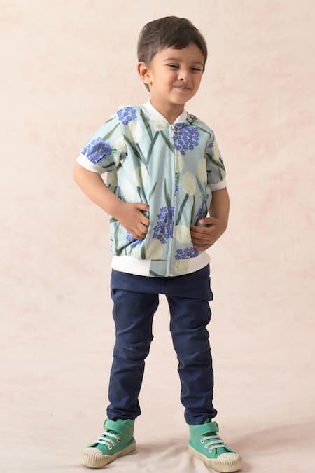 Thetaa Blue Cotton, Polyester, Satin Embroidery Tulip Print Bomber Jacket