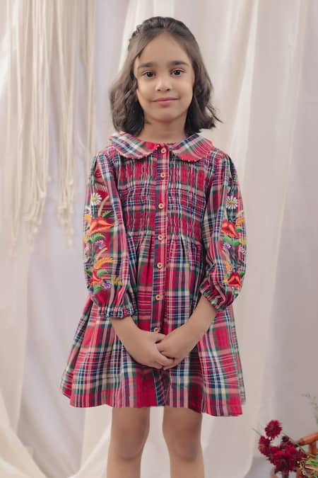 Bagichi Red Cotton Flannel Check Floral Fiona Button Down Dress 