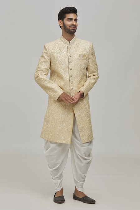 Arihant Rai Sinha Gold And Art Embroidery Floral Motifs Sherwani Set 