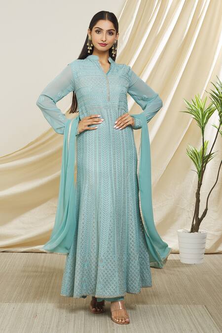 Buy Blue Georgette Embroidered Resham Thread Work Band Leaf Anarkali ...