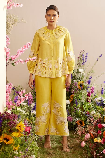 Chandrima Yellow Chanderi Embroidery Flower Peter Pan Collar Lotus Cut Work Shirt 