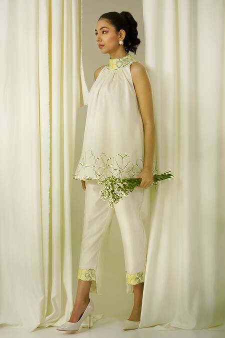 Sakshi Khetterpal Ivory Chanderi Pearls, Beads, Embroidery Halter Neck Top And Pant Set