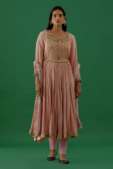 5elements Pink 100% Cotton With Silk Brocade Yoke Metal Peacock Anarkali Set 