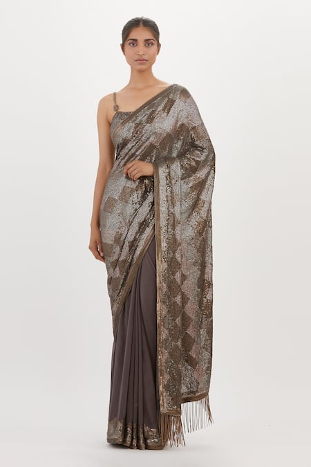 Nakul Sen Sequin Checkered Pattern Saree With Blouse 