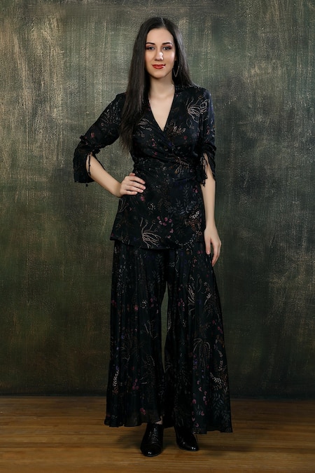 Whimsical By Shica Black Organza, Satin Embroidery V-neck Ditsy Floral Print Top With Flared Pant 