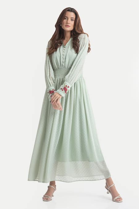 House of THL Green Chiffon Dobby Embroidery Thread Work V Neck Bellrose Cuff Dress  