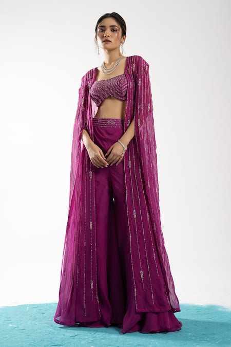 Charu and Vasundhara Purple Bralette Tussar Embroidery Linear Blouse Scoop Eira And Sharara Set 