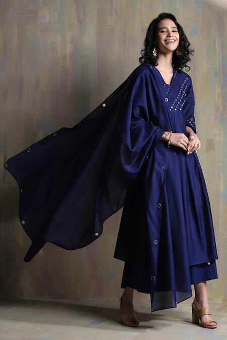 Buy_Charkhee_Blue Chanderi, Cotton Mirrors V-neck Work Kurta Palazzo Set _Online_at_Aza_Fashions