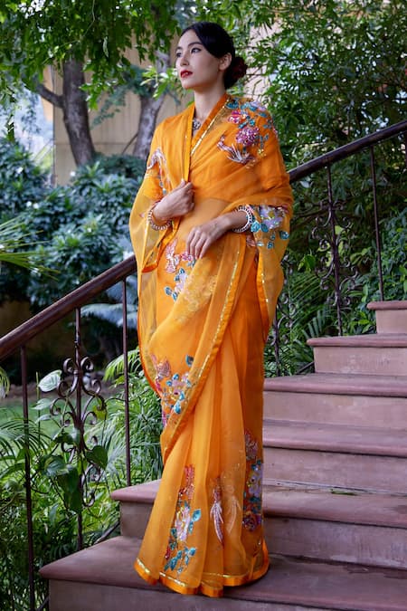 Atelier Shikaarbagh Yellow Embroidery Shell Bird Saree 
