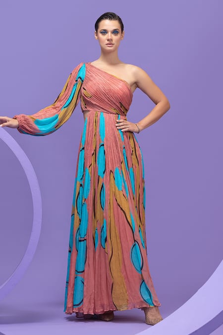 Nautanky Multi Color Chiffon Printed Abstract One Shoulder Artistic Crinkled Gown 