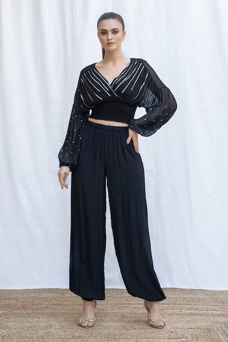 Amrta By Guneet Kondal Black Viscose Sequins V-neck Riviera Embroidered Top And Pant Set