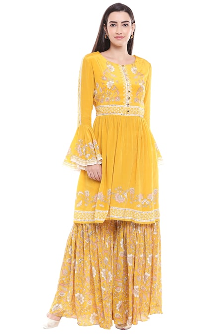 Soup by Sougat Paul Yellow Crepe Printed Round Kurta Sharara Set 