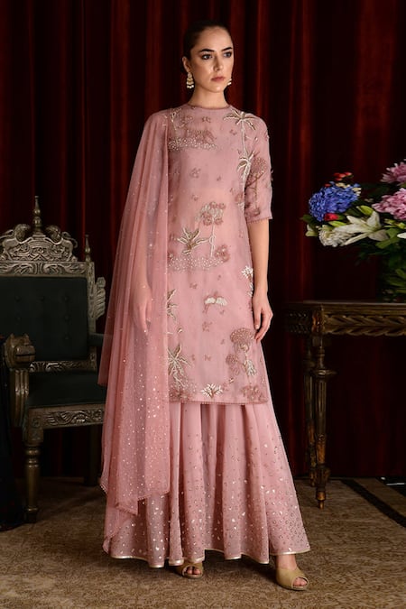 Sahil Kochhar Pink Silk Organza, Net Embroidery, Sequins Round Kaafir Jungle Safari Kurta Set 