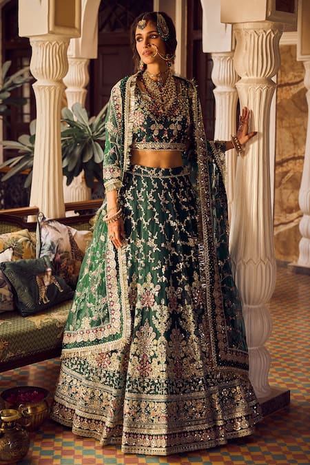 Ethnic Dark Green Colored Bridal Wear Designer Embroidered L
