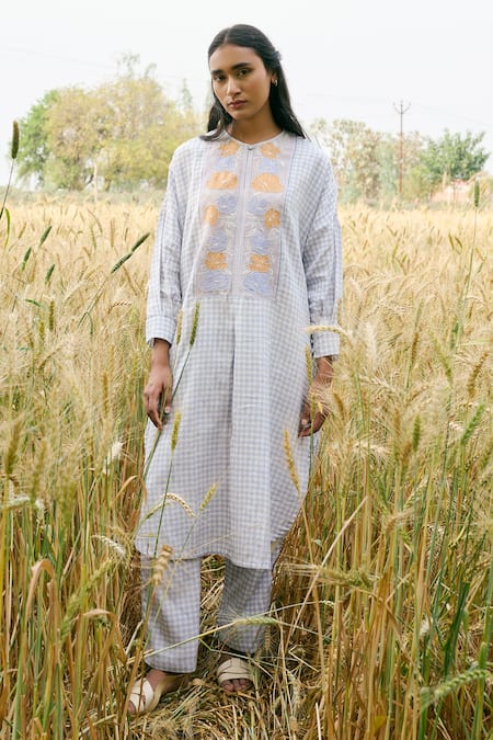 Ayaka Blue Cotton Embroidery Round Neck Checkered Hand Block Print Tunic 