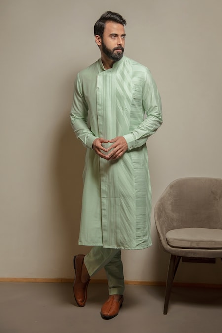 Darshika Menswear Blue Cotton Silk Plain Asymmetric Pintuck Kurta Set 