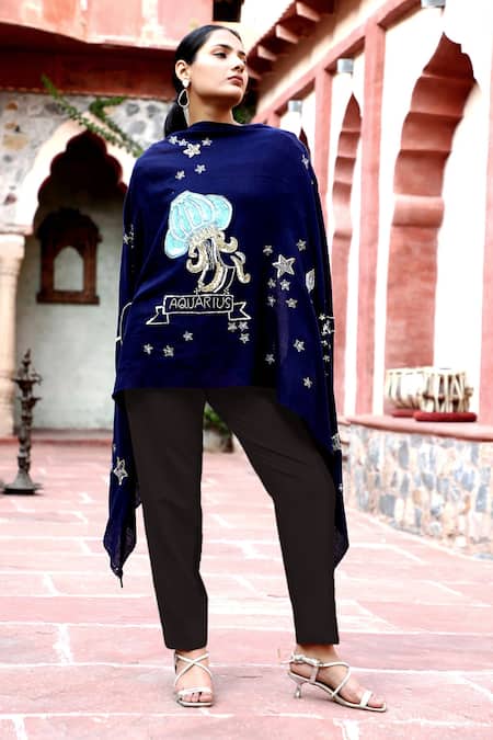 Dusala Blue Aquarius Sequin Pipe Embroidered Shawl