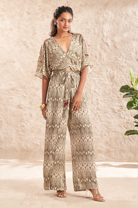 Aditi Somani Green Modal, Satin Tassels, Embroidery V-neck Tie-up Top And Pant Set 