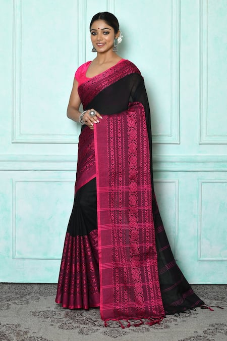 Adara Khan Black Pure Cotton Woven Jamdani Floret Saree