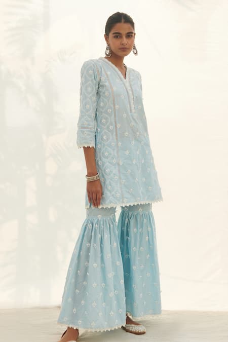 Mulmul Blue 100% Pure Mulmul Embroidered Zarani Panelled Kurta And Gharara Set 