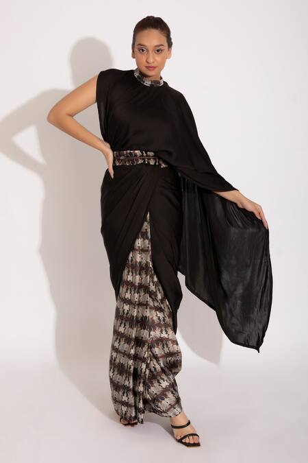 Studio Surbhi Blue Georgette, Satin Cut Work, Pre-stitched Saree With Illusion Print Blouse