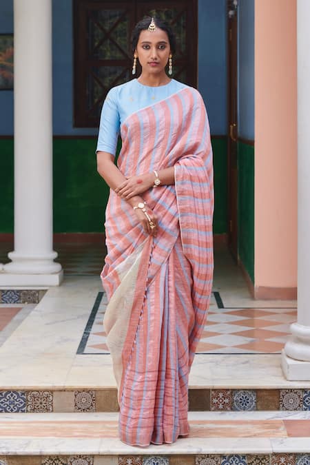 Buy Dressfolk Multi Color Linen Beads Mala Woven Stripe Pattern Saree With Running Blouse at Aza Fashions Buy_Dressfolk_Multi Color Linen Beads Mala Woven Stripe Pattern Saree With Running Blouse_at_Aza_Fashions