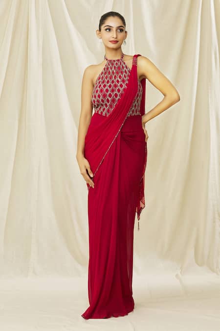 Buy Red Georgette Embroidered Crystal Halter Neck Embellished Saree Gown  For Women by ARPAN VOHRA Online at Aza Fashions.