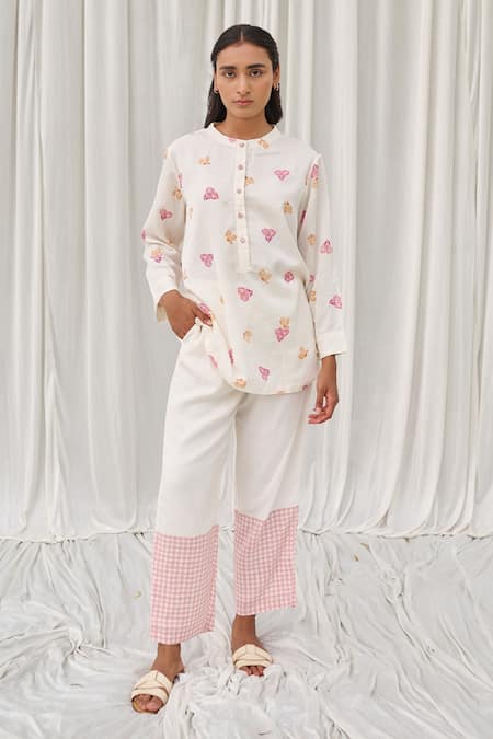 Ayaka White Cotton Embroidery Round Neck Leaf Hand Block Print Top 