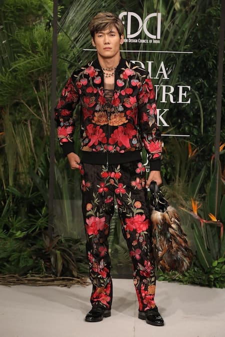 Buy Black Rayon, Velvet Embroidery Floral Bomber Jacket Set For