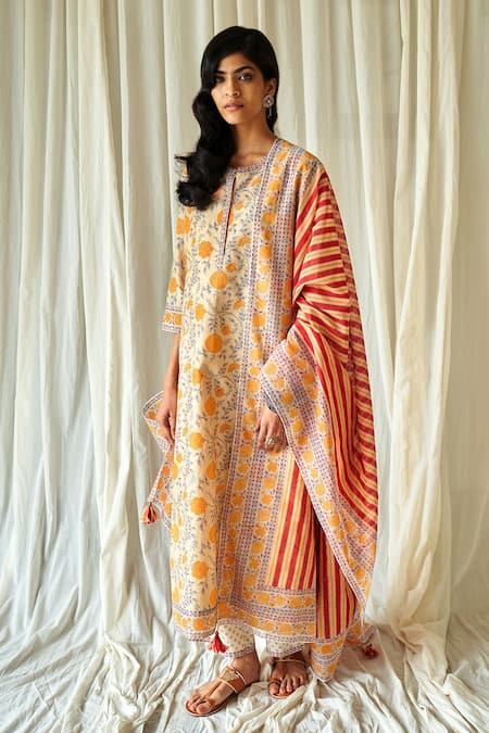 KORA Printed Silk Chanderi Kurta Pant Set 