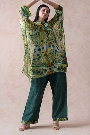 Green Printed Chiffon kaftan Kurta Set