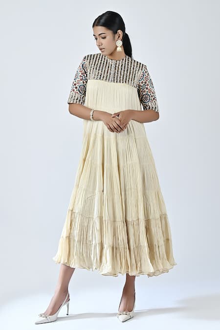 Sejal Kamdar Beige Crepe, Satin Zari, Embroidery Round Neck Yoke Tiered Dress 