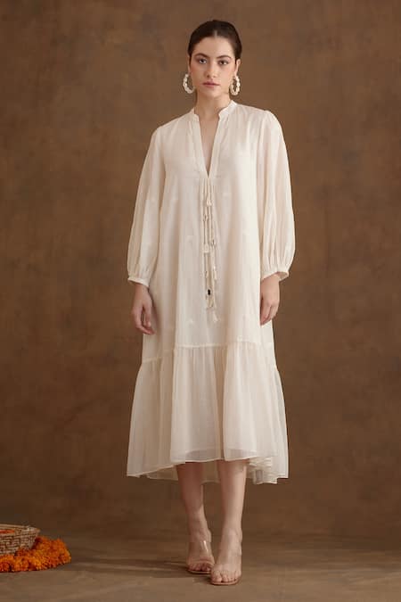 Nikasha Cream Jamdani And Embellished Polka Dot Pattern & Tiered Dress 