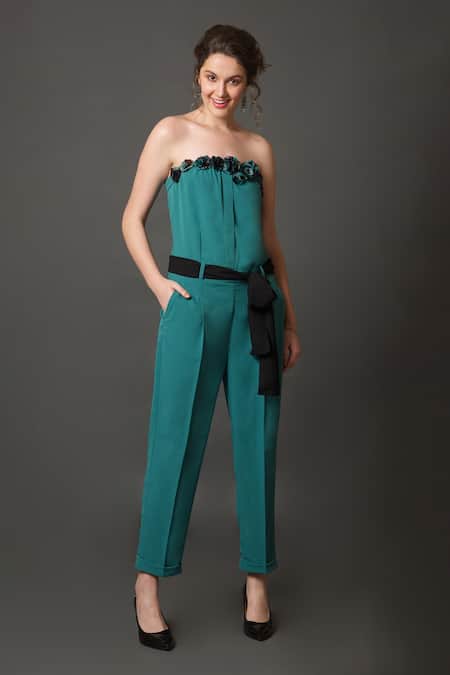 House Of Behram Blue Crepe Fabric Flowers Bandeau Neck Tube Straight Fit Jumpsuit 