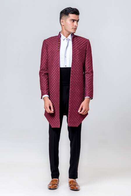 Buy_Amrit Dawani_Maroon Silk, Cotton Embroidery Trellis Long Jacket Trouser Set _Online_at_Aza_Fashions