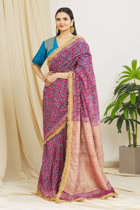 Surendri_Blue Chanderi Print Floral V Neck Flower Block Saree With Contrast Blouse_Online_at_Aza_Fashions