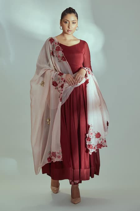 Suruchi Parakh Maroon Dupatta Organza, Georgette Crepe, Lining Shantoon Pleated Anarkali Set