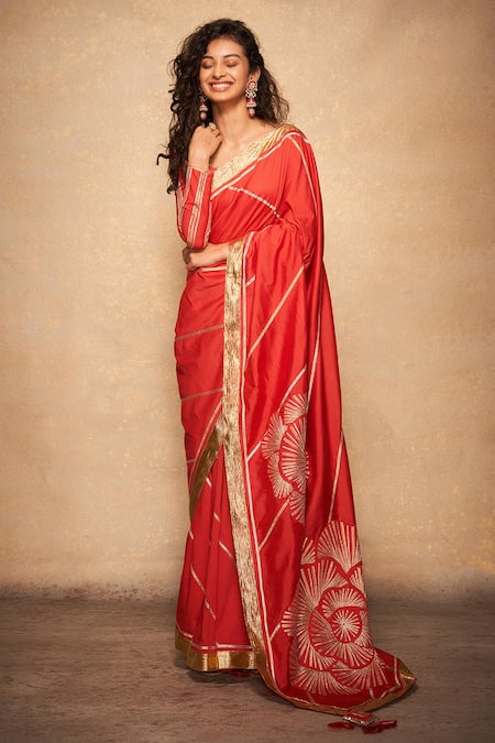 Gulabo by Abu Sandeep Red 100% Pure Chanderi Silk Embellished Gota Border Saree 