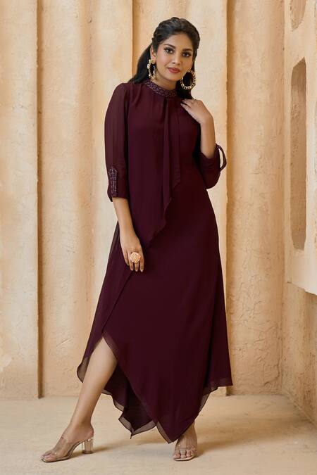 Aariyana Couture_Wine Viscose, Georgette Embroidery Mandarin Collar Overlapped Panelled Tunic_Online_at_Aza_Fashions