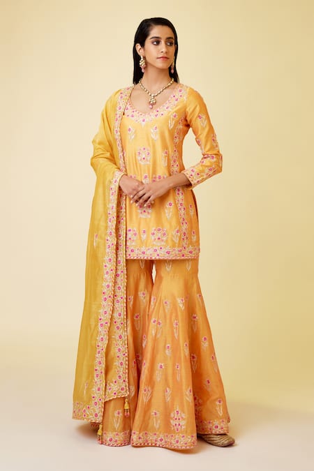 Shyam Narayan Prasad Orange Chanderi Silk Embroidery, Gota Patti Round Neck Floral Kurta Set 