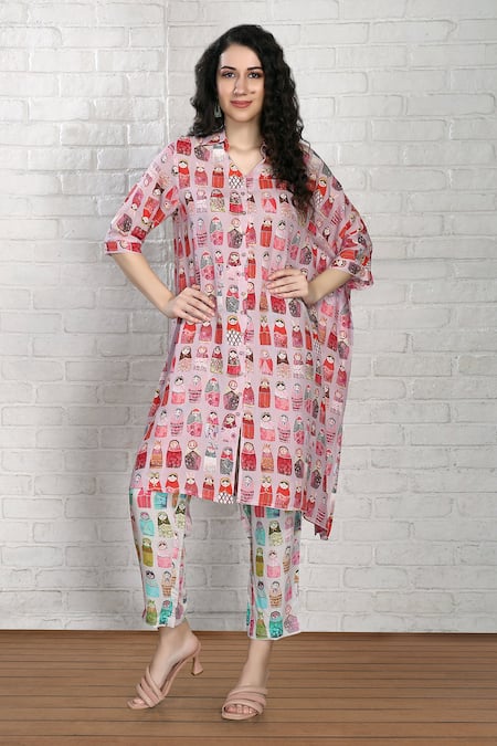 Whimsical By Shica Multi Color Cotton, Silk Collared Printed Kaftan Shirt And Pant Set 