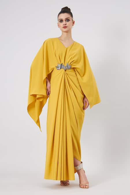 Aakaar Yellow Moss Crepe Plain Metal V Neck Draped Embellished Gown 