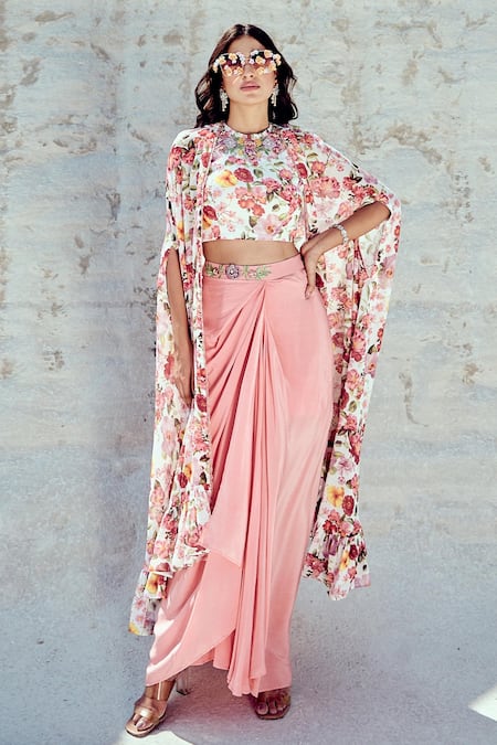 Nikita Vishakha Floral Print Cape & Cowl Skirt Set 